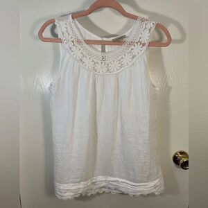 Via Signoria EUC white floral lace trim linen tank top Size medium